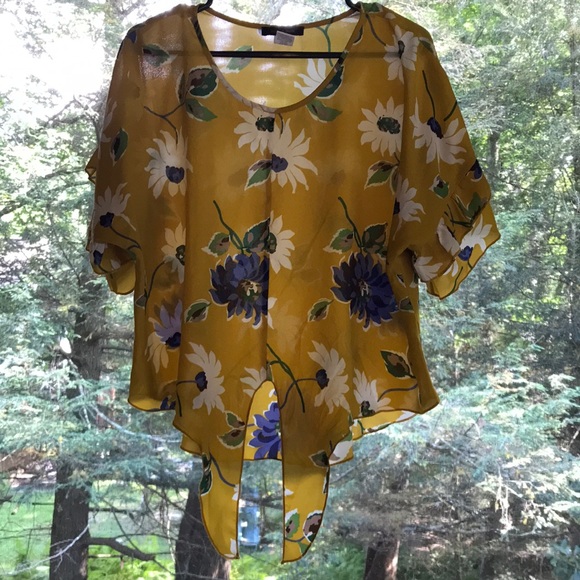 Jennie & Marlis Autumn Tie Blouse yellow with blue flowers size Large - Picture 6 of 14
